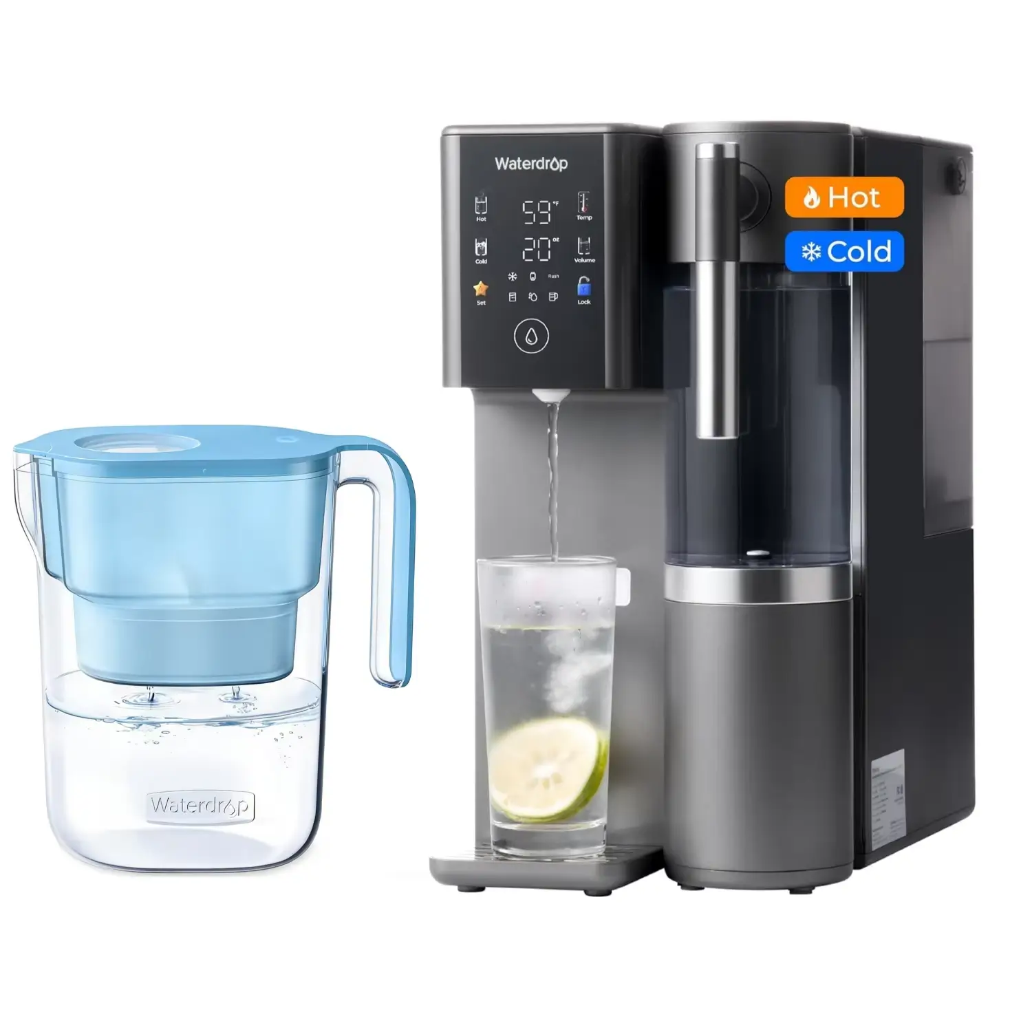 Waterdrop WD-A2 countertop reverse osmosis water purifier with hot and cold water dispensing, installation-free RO system including water filter pitcher
